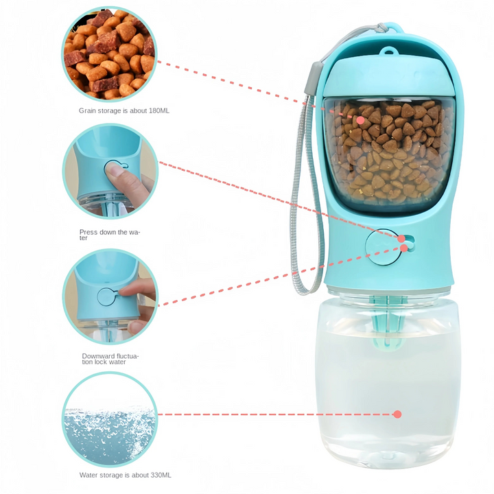 Portable Pet Water Bottle with Food Storage – 2-in-1 Travel Feeder for Dogs & Cats