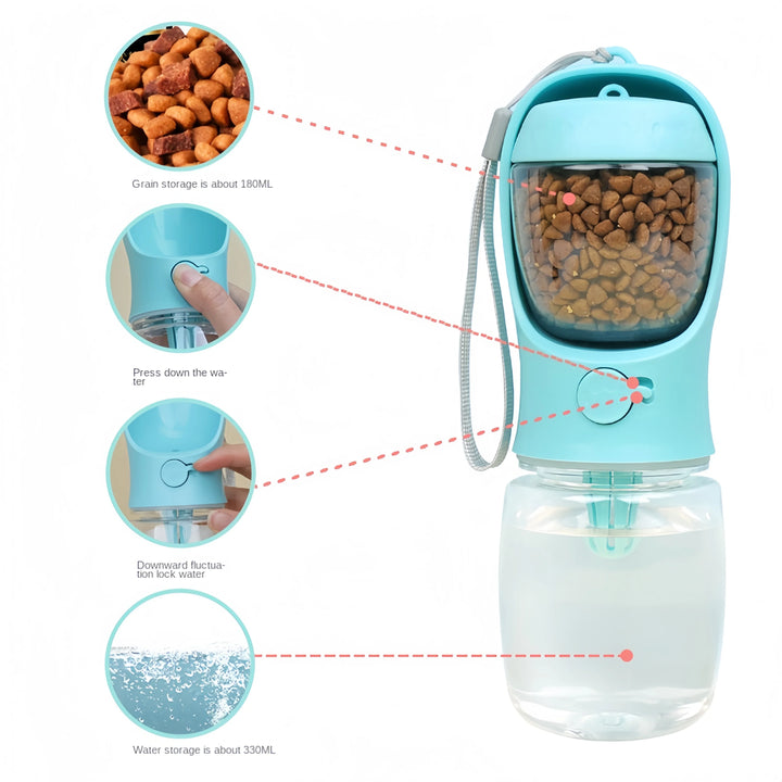 Portable Pet Water Bottle with Food Storage – 2-in-1 Travel Feeder for Dogs & Cats